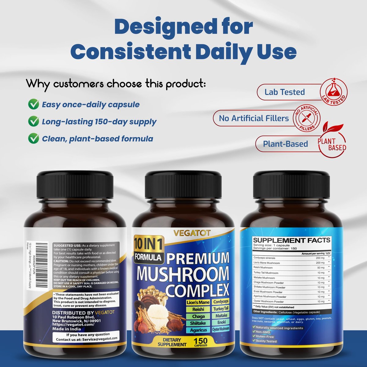 10-in-1 Hochdosiertes Pilz-Supplement – Löwenmähne, Cordyceps, Reishi – Gehirn-Nahrungsergänzung für Gedächtnis und Fokus – 5-Monats-Vorrat