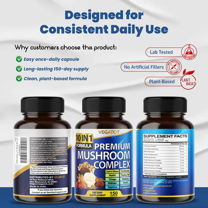 10-in-1 Hochdosiertes Pilz-Supplement – Löwenmähne, Cordyceps, Reishi – Gehirn-Nahrungsergänzung für Gedächtnis und Fokus – 5-Monats-Vorrat