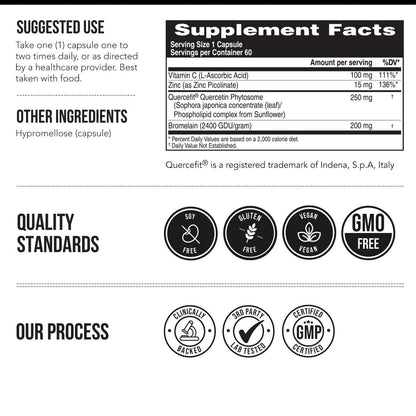 Quercetin Complete® – Quercetin Phytosom mit 50-fach höherer Absorption, klinisch belegt & patentiert Quercefit – Die effektivste Form von Quercetin – angereichert mit Bromelain, Zink & Vitamin C (60 Kapseln)