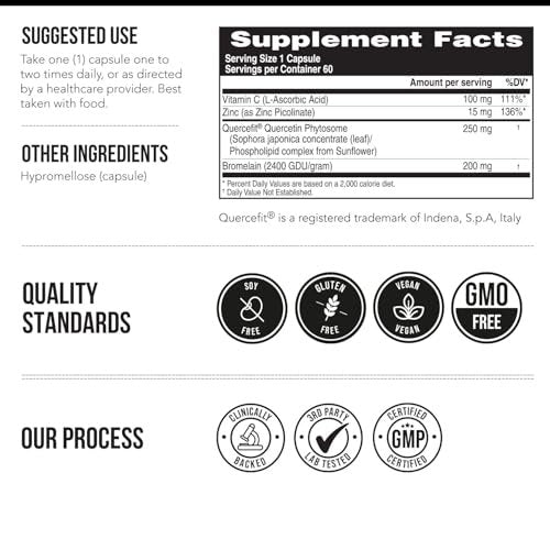 Quercetin Complete® – Quercetin Phytosom mit 50-fach höherer Absorption, klinisch belegt & patentiert Quercefit – Die effektivste Form von Quercetin – angereichert mit Bromelain, Zink & Vitamin C (60 Kapseln)