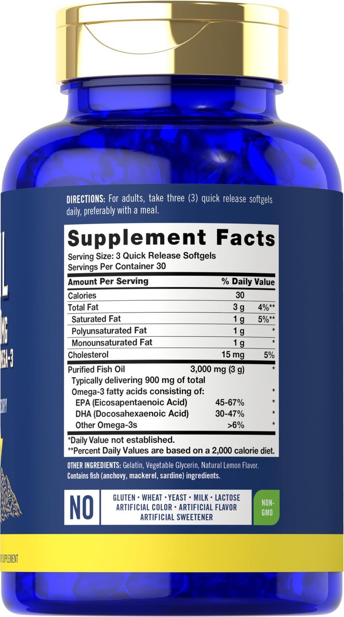 Carlyle Fischöl 3000mg | 900mg Omega 3 | 90 Weichkapseln | Zitronengeschmack | Nicht-GVO & Glutenfrei