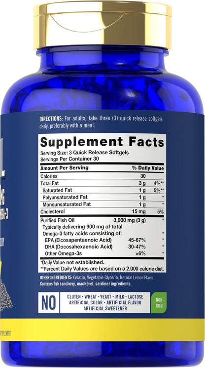 Carlyle Fischöl 3000mg | 900mg Omega 3 | 90 Weichkapseln | Zitronengeschmack | Nicht-GVO & Glutenfrei