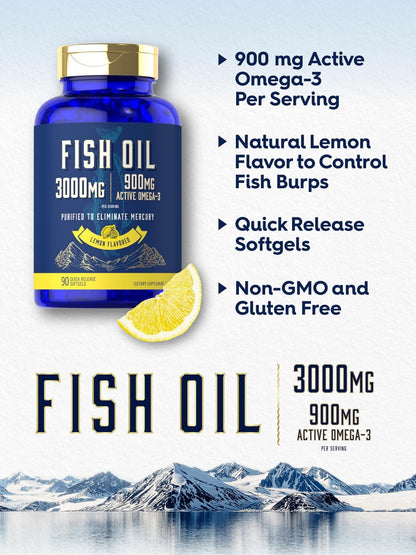 Carlyle Fischöl 3000mg | 900mg Omega 3 | 90 Weichkapseln | Zitronengeschmack | Nicht-GVO & Glutenfrei