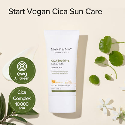 Mary&May CICA Soothing Sun Cream SPF50+ PA++++ 50ml – Leichte Absorption, nicht klebrig, Feuchtigkeitsspendend, kein Weißstich, Cica-Pflege, täglicher Sonnenschutz, tierversuchsfrei, vegan