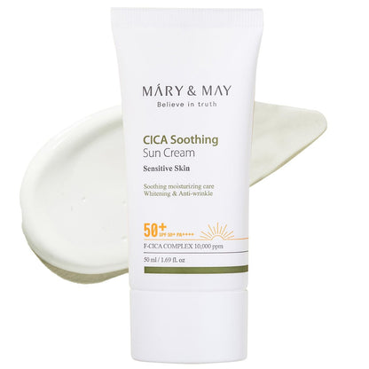 Mary&May CICA Soothing Sun Cream SPF50+ PA++++ 50ml – Leichte Absorption, nicht klebrig, Feuchtigkeitsspendend, kein Weißstich, Cica-Pflege, täglicher Sonnenschutz, tierversuchsfrei, vegan