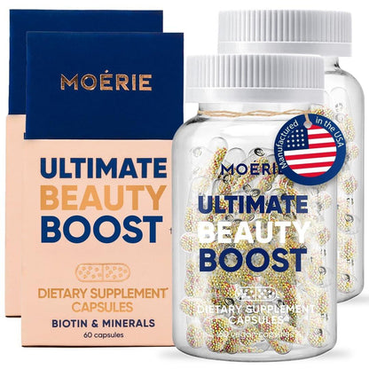 Moerie Ultimate Hair Boost Nahrungsergänzungsmittel für Frauen & Männer - Haar-, Haut-, Nagel-Vitamine mit Biotin & Mineralien für gesundes Haar - Dickeres Haar - 60 Kapseln