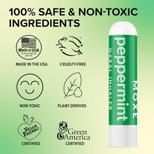 MOXE Pfefferminzöl Naseninhalator – Therapeutische Aromatherapie, kühlend, erfrischend, belebend, stimmungsaufhellend, rein und unverdünnt, hergestellt in den USA (1 Packung)