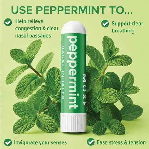 MOXE Pfefferminzöl Naseninhalator – Therapeutische Aromatherapie, kühlend, erfrischend, belebend, stimmungsaufhellend, rein und unverdünnt, hergestellt in den USA (1 Packung)