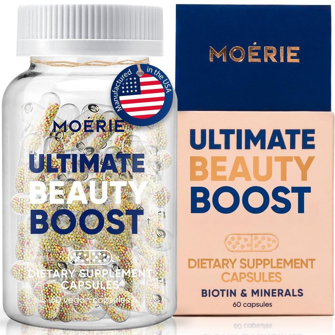 Moerie Ultimate Hair Boost Nahrungsergänzungsmittel für Frauen & Männer - Haar-, Haut-, Nagel-Vitamine mit Biotin & Mineralien für gesundes Haar - Dickeres Haar - 60 Kapseln