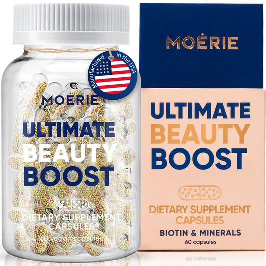 Moerie Ultimate Hair Boost Nahrungsergänzungsmittel für Frauen & Männer - Haar-, Haut-, Nagel-Vitamine mit Biotin & Mineralien für gesundes Haar - Dickeres Haar - 60 Kapseln