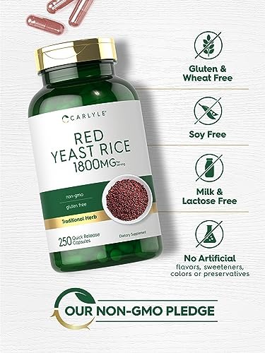 Carlyle Rotschimmelreis (Red Yeast Rice) 1800 mg - 250 Kapseln, Non-GMO & Glutenfrei