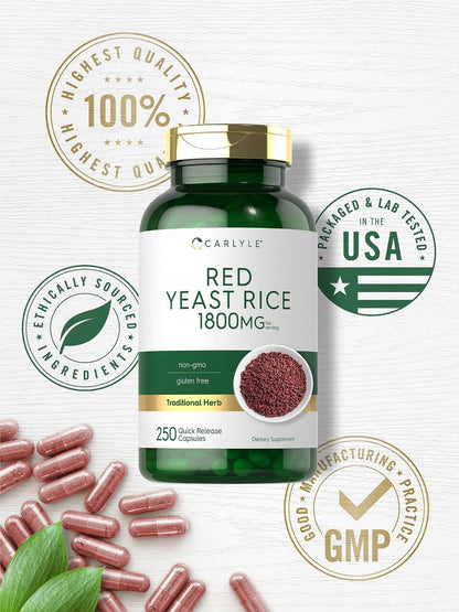 Carlyle Rotschimmelreis (Red Yeast Rice) 1800 mg - 250 Kapseln, Non-GMO & Glutenfrei