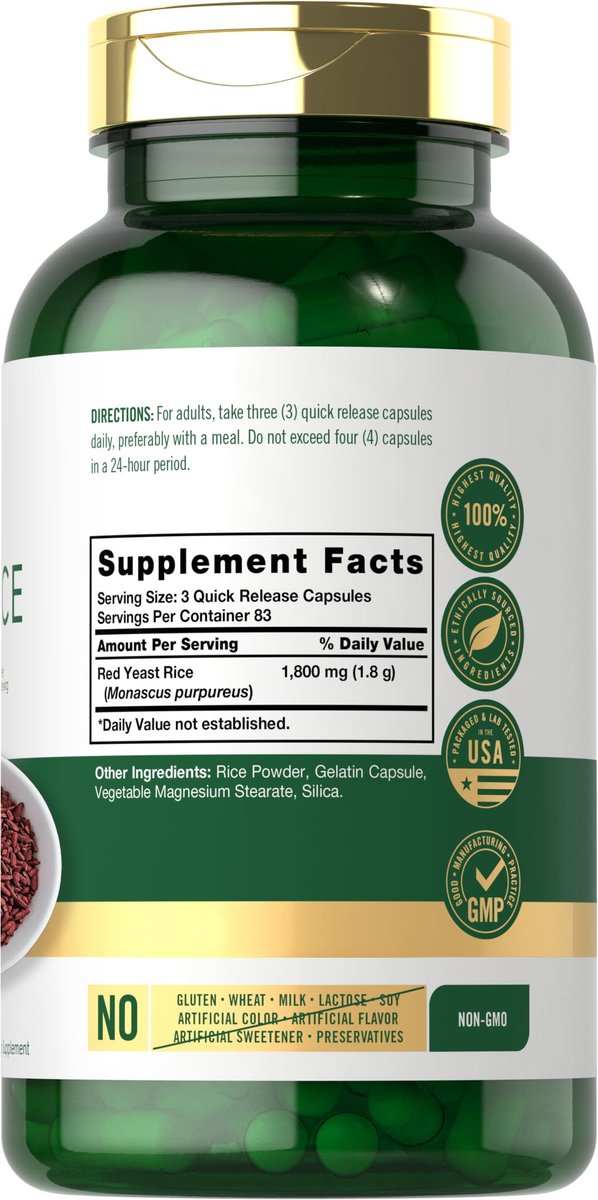 Carlyle Rotschimmelreis (Red Yeast Rice) 1800 mg - 250 Kapseln, Non-GMO & Glutenfrei