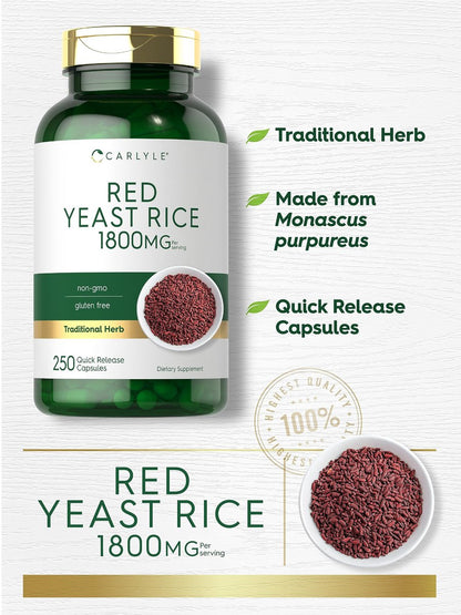 Carlyle Rotschimmelreis (Red Yeast Rice) 1800 mg - 250 Kapseln, Non-GMO & Glutenfrei