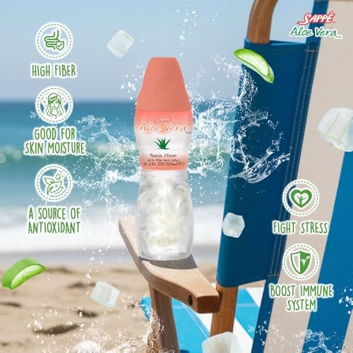 Sappe Aloe Vera Saft mit Pfirsichgeschmack und großen Aloe-Stücken (6er Pack) – Pflanzliches Getränk für Hydration, Erwachsene und Kinder