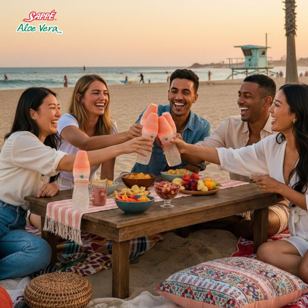 Sappe Aloe Vera Saft mit Pfirsichgeschmack und großen Aloe-Stücken (6er Pack) – Pflanzliches Getränk für Hydration, Erwachsene und Kinder