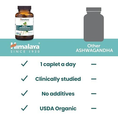 Himalaya Bio Ashwagandha Wurzel, 30-Tage-Vorrat – Pflanzliches Nahrungsergänzungsmittel zur Stresslinderung und Energieunterstützung – USDA Bio, Nicht-GVO, Vegan, Glutenfrei, Ohne Zusätze, 670 mg, 30 Kapseln