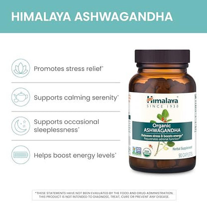 Himalaya Bio Ashwagandha Wurzel, 30-Tage-Vorrat – Pflanzliches Nahrungsergänzungsmittel zur Stresslinderung und Energieunterstützung – USDA Bio, Nicht-GVO, Vegan, Glutenfrei, Ohne Zusätze, 670 mg, 30 Kapseln