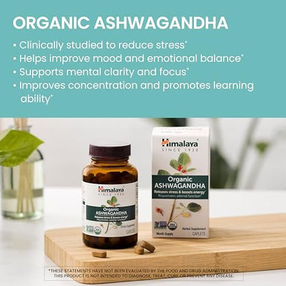 Himalaya Bio Ashwagandha Wurzel, 30-Tage-Vorrat – Pflanzliches Nahrungsergänzungsmittel zur Stresslinderung und Energieunterstützung – USDA Bio, Nicht-GVO, Vegan, Glutenfrei, Ohne Zusätze, 670 mg, 30 Kapseln