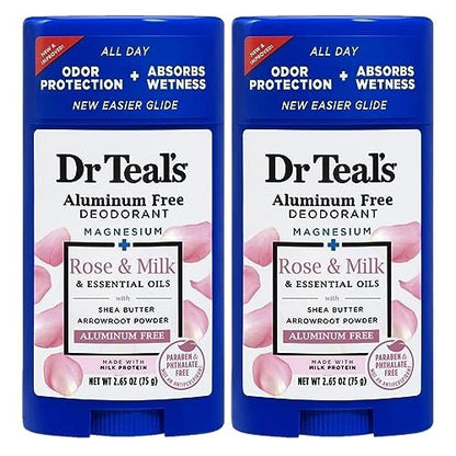 Dr. Teal's Rose & Milk Deodorant Geschenkset (2er-Pack, je 75g) – Aluminiumfrei mit Magnesium, ätherischen Ölen, Sheabutter und Pfeilwurzelmehl – Feuchtigkeitsabsorbierend, hautfreundlich