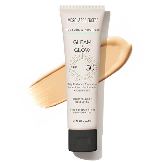 MDSolarSciences Gleam + Glow Sonnenschutz SPF 50 | Getönter Feuchtigkeitsspender mit Breitem UV-Schutz | Angereichert mit Antioxidantien, Ceramiden & Vitamin C | Geeignet für empfindliche Haut (1,7 Fl Oz)