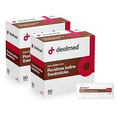 Dealmed Povidon-Iod 10% Wundreinigungstücher - einzeln versiegelte Packungen, ideal für Wundversorgung und tragbare Erste-Hilfe-Sets, 50 Stück (2er-Pack)