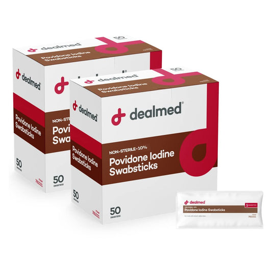 Dealmed Povidon-Iod 10% Wundreinigungstücher - einzeln versiegelte Packungen, ideal für Wundversorgung und tragbare Erste-Hilfe-Sets, 50 Stück (2er-Pack)