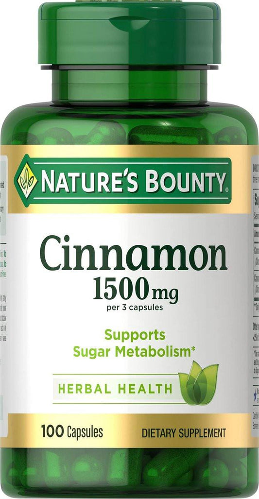 Nature's Bounty Zimt Kapseln, Nahrungsergänzungsmittel, Unterstützt den Zuckerstoffwechsel, 1500 mg, 100 Kapseln