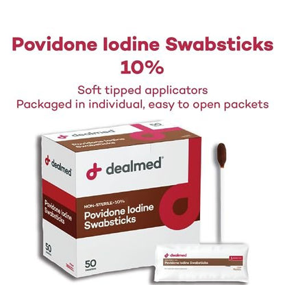 Dealmed Povidon-Iod 10% Wattestäbchen – einzeln versiegelte Packungen, ideal für Wundversorgung und tragbare Erste-Hilfe-Sets, 50 Stück pro Box (Packung mit 1)