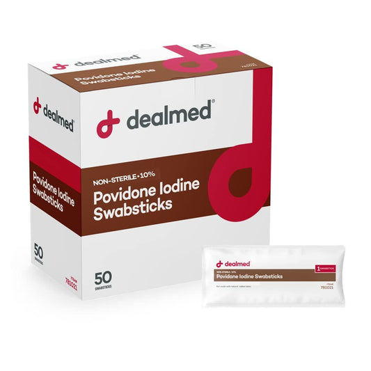 Dealmed Povidon-Iod 10% Wattestäbchen – einzeln versiegelte Packungen, ideal für Wundversorgung und tragbare Erste-Hilfe-Sets, 50 Stück pro Box (Packung mit 1)