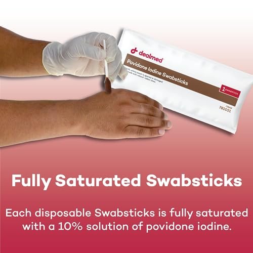 Dealmed Povidon-Iod 10% Wattestäbchen – einzeln versiegelte Packungen, ideal für Wundversorgung und tragbare Erste-Hilfe-Sets, 50 Stück pro Box (Packung mit 1)