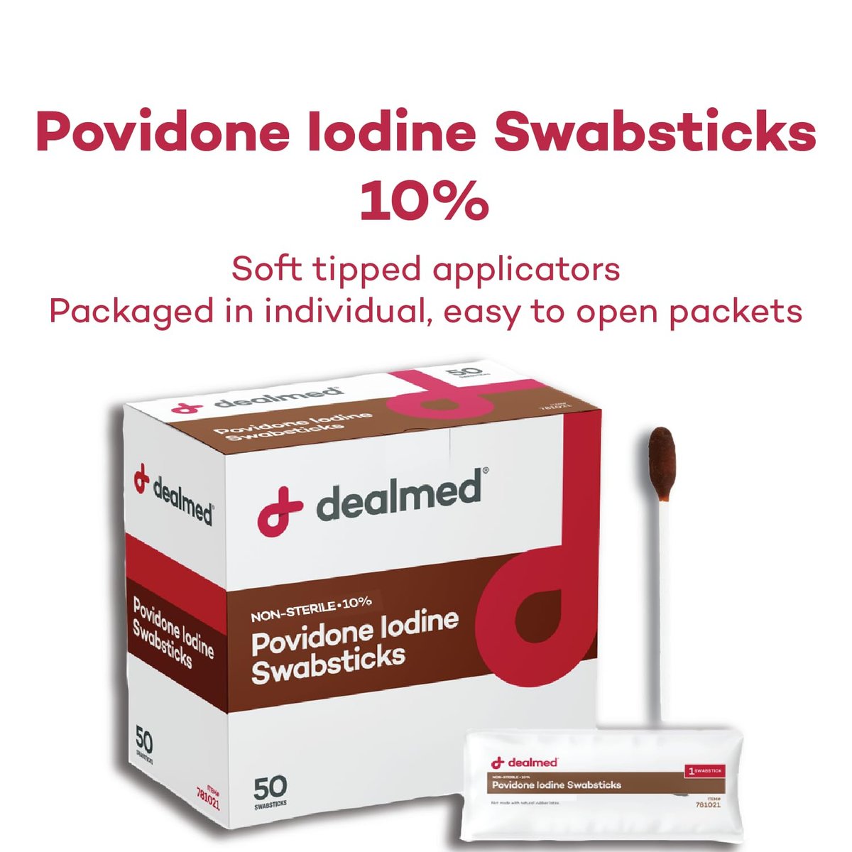 Dealmed Povidon-Iod 10% Wattestäbchen – einzeln versiegelte Packungen, ideal für Wundversorgung und tragbare Erste-Hilfe-Sets, 50 Stück pro Box (Packung mit 1)