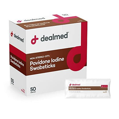 Dealmed Povidon-Iod 10% Wattestäbchen – einzeln versiegelte Packungen, ideal für Wundversorgung und tragbare Erste-Hilfe-Sets, 50 Stück pro Box (Packung mit 1)