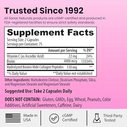 Sanar Naturals Collagen Biotin Kapseln – 150 Kapseln für Haarwachstum, Haut, Nägel und Gelenke | Hydrolysierte Kollagenpeptide mit Biotin und Vitamin C, Weidehaltung, Nicht-GVO