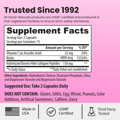 Sanar Naturals Collagen Biotin Kapseln – 150 Kapseln für Haarwachstum, Haut, Nägel und Gelenke | Hydrolysierte Kollagenpeptide mit Biotin und Vitamin C, Weidehaltung, Nicht-GVO
