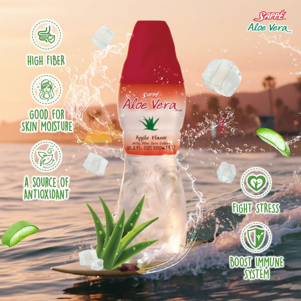 Sappe Aloe Vera Saft mit Apfelgeschmack und großen Aloe-Stücken (6er Pack) – Pflanzlicher Saft für optimale Hydration, ideal für Erwachsene und Kinder