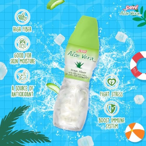 Sappe Aloe Vera Saft mit Grape Geschmack und großen Aloe-Stücken (6er Pack) – Pflanzlicher Saft für Hydration und Gesundheit für Erwachsene und Kinder