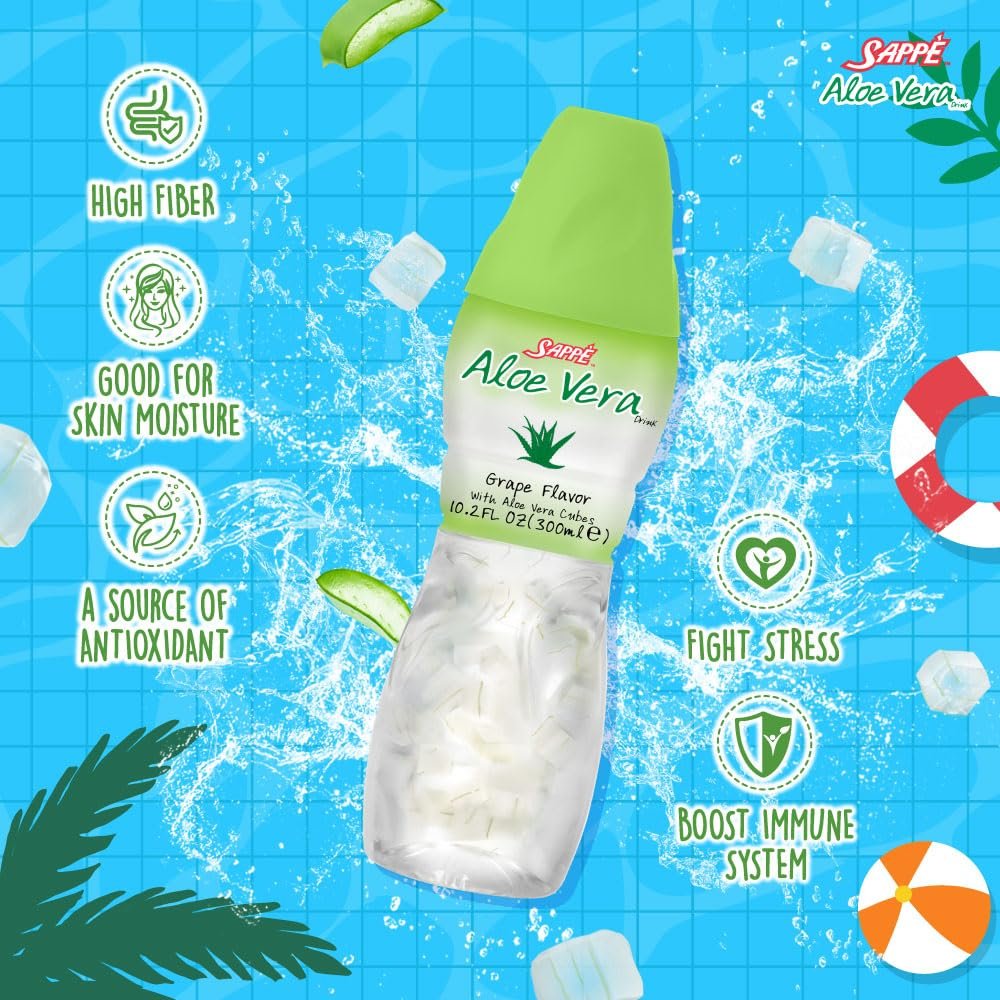 Sappe Aloe Vera Saft mit Grape Geschmack und großen Aloe-Stücken (6er Pack) – Pflanzlicher Saft für Hydration und Gesundheit für Erwachsene und Kinder