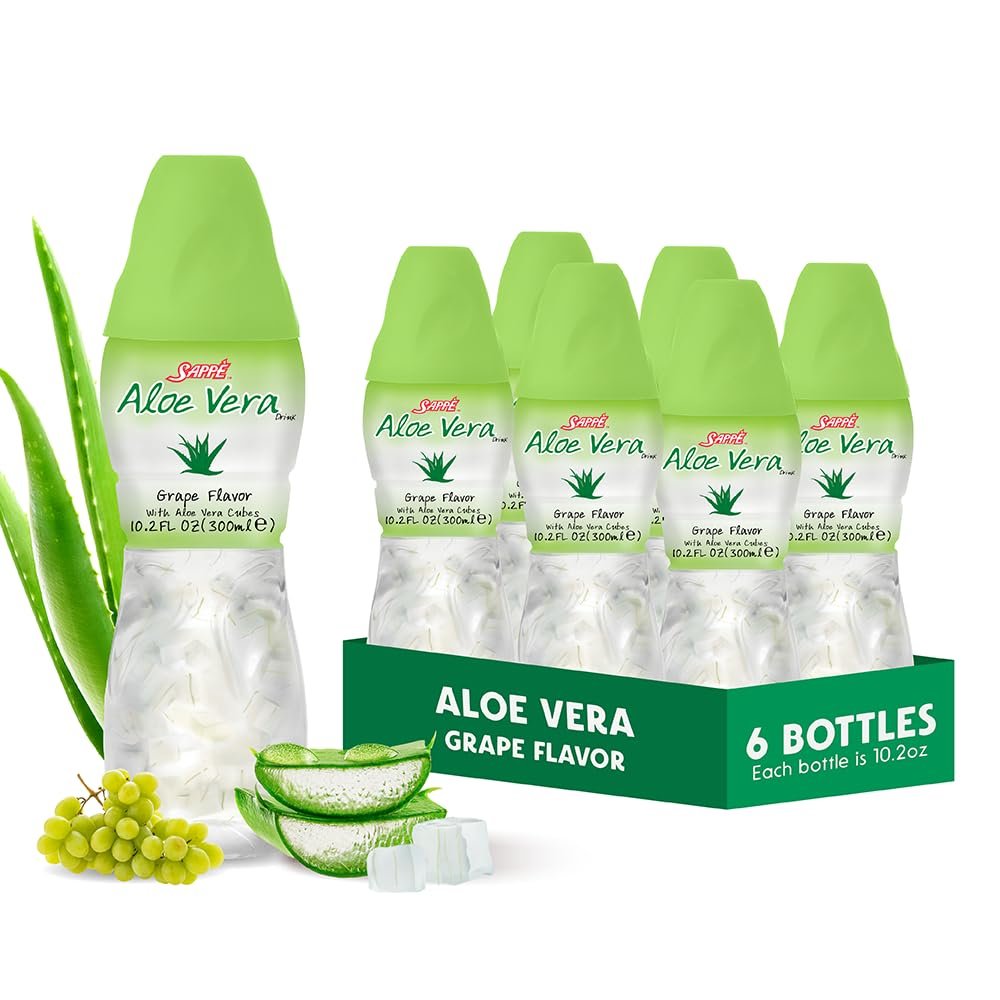 Sappe Aloe Vera Saft mit Grape Geschmack und großen Aloe-Stücken (6er Pack) – Pflanzlicher Saft für Hydration und Gesundheit für Erwachsene und Kinder