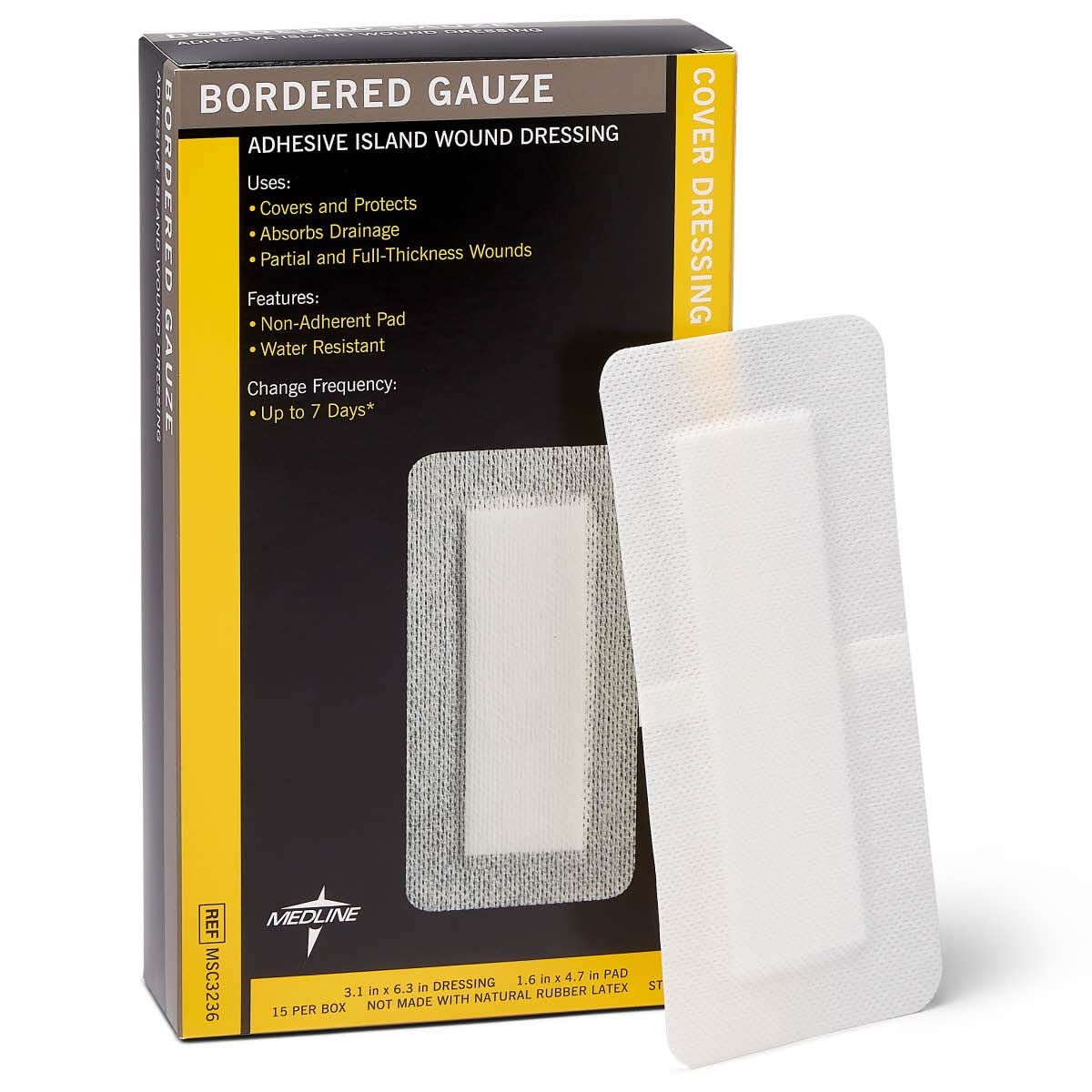 Medline Sterile Bordered Gauze 3" x 6" mit 1,5" x 4" Pad (15er-Pack) - Sterile Wundauflage mit PU-Folie