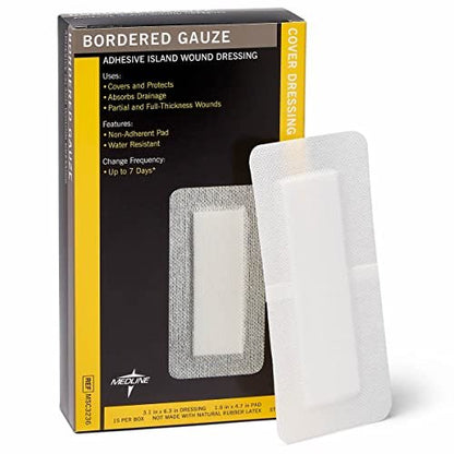 Medline Sterile Bordered Gauze 3" x 6" mit 1,5" x 4" Pad (15er-Pack) - Sterile Wundauflage mit PU-Folie