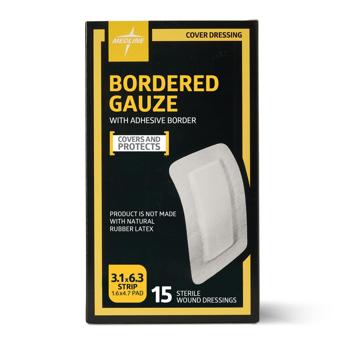 Medline Sterile Bordered Gauze 3" x 6" mit 1,5" x 4" Pad (15er-Pack) - Sterile Wundauflage mit PU-Folie