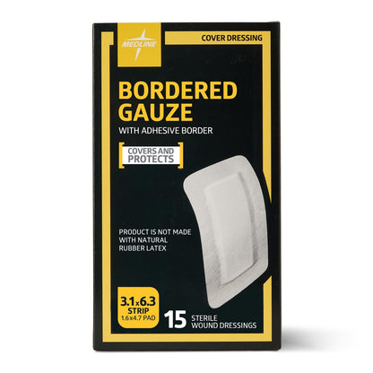 Medline Sterile Bordered Gauze 3" x 6" mit 1,5" x 4" Pad (15er-Pack) - Sterile Wundauflage mit PU-Folie
