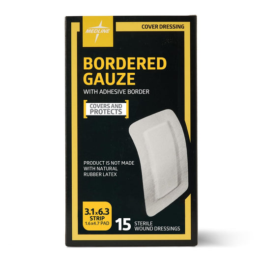 Medline Sterile Bordered Gauze 3" x 6" mit 1,5" x 4" Pad (15er-Pack) - Sterile Wundauflage mit PU-Folie