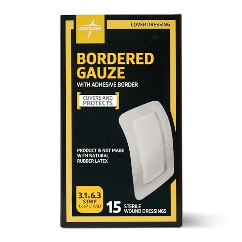 Medline Sterile Bordered Gauze 3" x 6" mit 1,5" x 4" Pad (15er-Pack) - Sterile Wundauflage mit PU-Folie