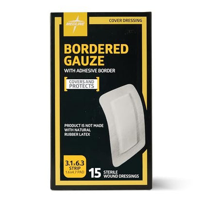 Medline Sterile Bordered Gauze 3" x 6" mit 1,5" x 4" Pad (15er-Pack) - Sterile Wundauflage mit PU-Folie