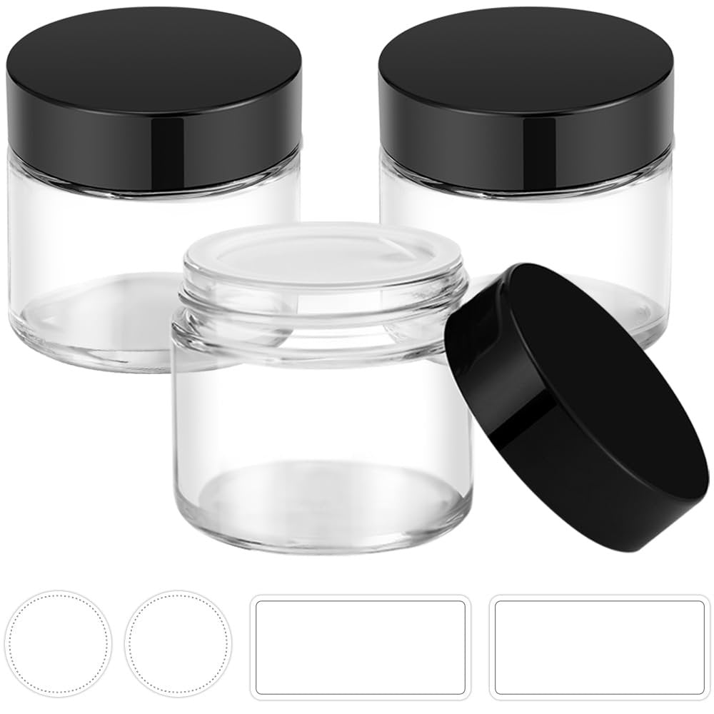 Kleine Glasflaschen mit Deckel, 3er-Pack 2 oz Bumobum Klare Gläser mit schwarzen Deckeln, Etiketten & Inneneinlagen, 60 ml Leere Runde Kosmetikbehälter für Proben, Puder, Creme, Lotion, Gewürze