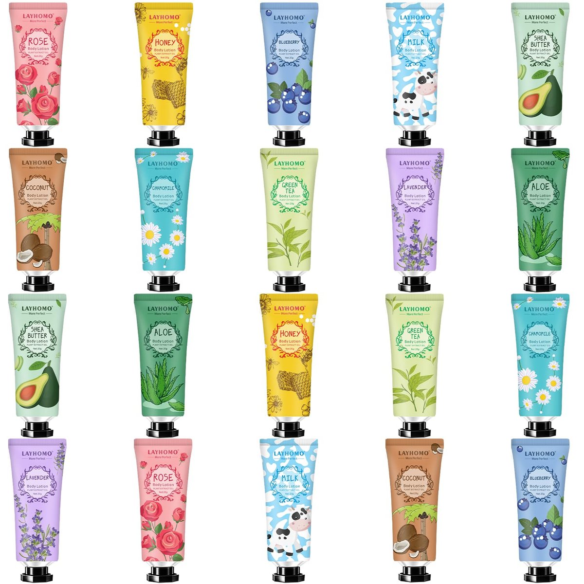 Layhomo 20er Pack Mini Body Lotion Geschenkset für Trockene Haut, Reisegröße Kleine Körpercreme mit Sheabutter, Natürlicher Duft, Feuchtigkeitsspendend für Damen und Herren, Muttertagsgeschenk, Dankeschön-Geschenk
