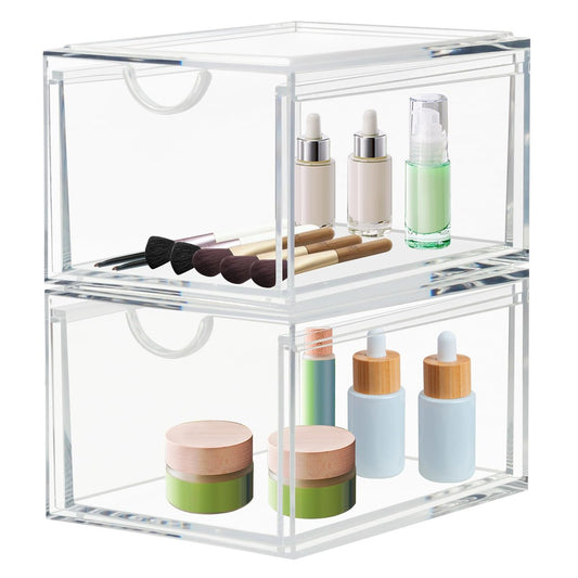 CECOLIC 2er-Pack Stapelbare Kosmetik-Organizer-Schubladen, Klare Acryl-Aufbewahrungsbox für Make-up, Plastik-Aufbewahrungsbehälter für Badezimmer, Schlafzimmer-Kommode, Küchenschränke