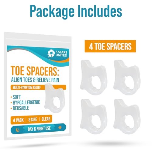 5 STARS UNITED Zehenspreizer für den kleinen Zeh – 4 Gel-Separatoren für überlappende und gekrümmte kleine Zehen, Ballenzehen, Ausrichtung – diabetische Fußpflege, Silikon-Spreizer, Korrektur und Aufrichtung, transparent